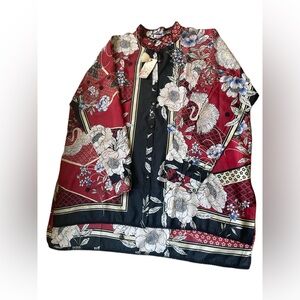 Johnny Was Red and Black Floral Long Sleeve Top